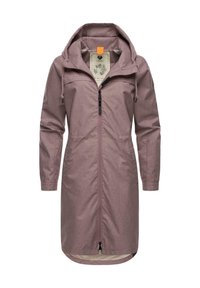 Mid-length, hooded jacket in a muted lilac color, made of textured fabric with a front zipper, adjustable hood, and side pockets.