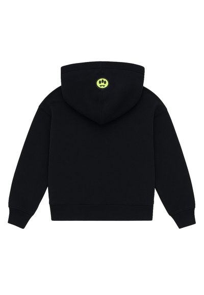Felpa nera con cappuccio, orlo arrotondato, coulisse regolabile e un vivace logo di faccina sorridente verde sul retro. Tessuto morbido in cotone.
