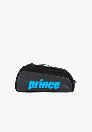 Black and gray sports bag with large blue "prince" logo, zippered compartments, and a carrying handle on top.