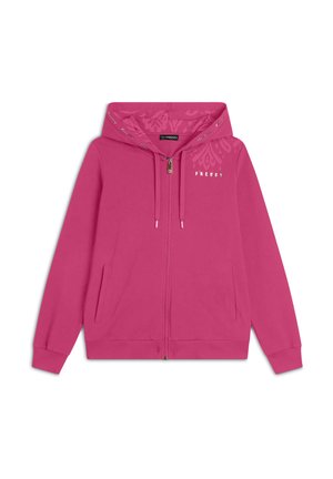 Sudadera con capucha de color rosa brillante con cremallera frontal, bolsillos delanteros, capucha con cordones y texto "FREDDY" en el pecho y el borde de la capucha.