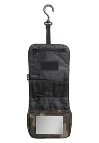 Organizer da viaggio in stoffa camouflage appeso, con tasca con zip, scomparti in rete, gancio per appenderlo e uno specchio nella parte anteriore.