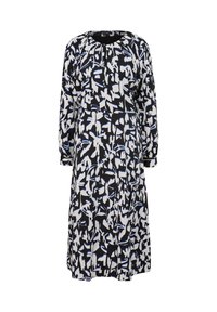 Langärmliges Kleid mit einem abstrakten Muster in Schwarz, Weiß und Blau; bietet einen runden Ausschnitt und geraffte Details an den Schultern.