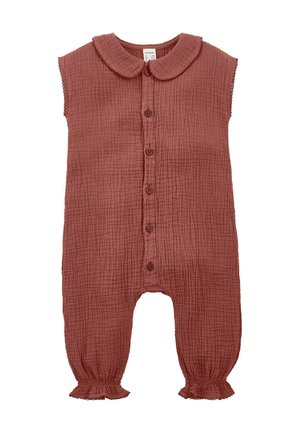 Ärmelloser, rostfarbener Baby-Strampler mit Struktur, Knopfleiste vorne, rundem Kragen und elastischen Rüschenbündchen an den Knöcheln.