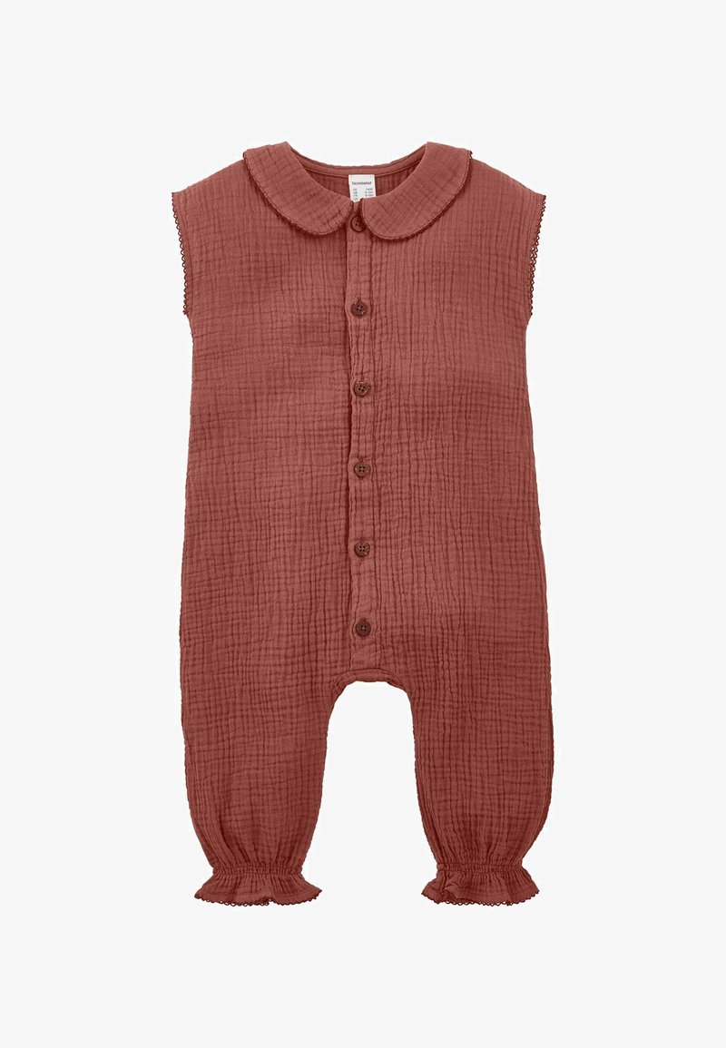 Ärmelloser, rostfarbener Baby-Strampler mit Struktur, Knopfleiste vorne, rundem Kragen und elastischen Rüschenbündchen an den Knöcheln.