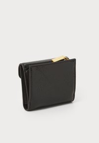Black leather wallet with a textured finish, compact design, and gold hardware detail on the zipper for closure.