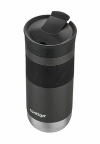 Czarny stalowy kubek podróżny z teksturowanym czarnym gumowym uchwytem i pokrywką na klapkę. Posiada srebrną podstawę i logo blisko dołu.