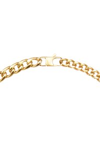 Guldfarvet metal kædearmbånd med sammenkædede led, der har en sikker lobsterlås. Glat, reflekterende overflade.