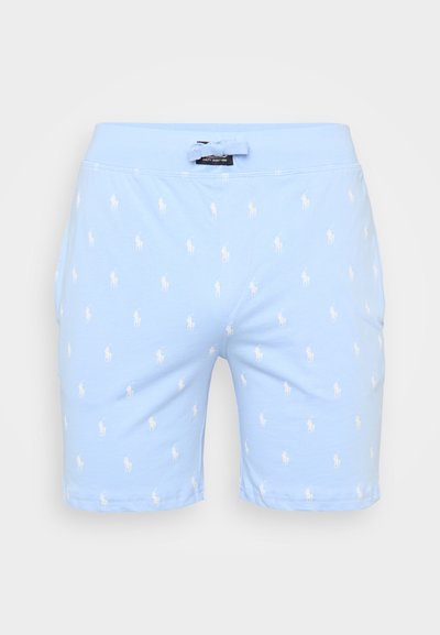 Lyseblå kortbukser laget av bomull, med et subtilt hvitt polo-mønster over hele, elastisk liv med snøring og rett hem.