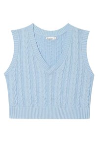 Jasnoniebieski sweter bez rękawów z dzianiny w warkocze, z dekoltem w serek oraz ściągaczami na dole i przy armholes.