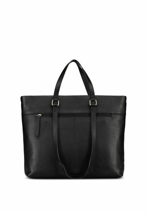 Schwarze Ledertasche mit doppelten Griffen, vorderer Reißverschlusstasche und silberner Hardware auf weißem Hintergrund.