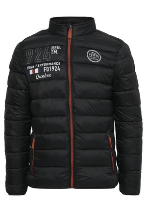 Black puffer jacket with a high neck and orange zipper. Features patches with text and patterns on the left chest and sleeves. Adjustable fit.