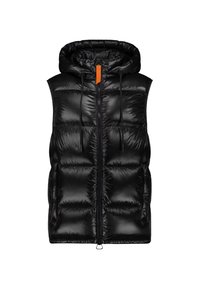 Gilet matelassé noir et brillant avec capuche, fermeture éclair à l'avant avec tirette orange, cordons de serrage et poches latérales sur fond blanc.