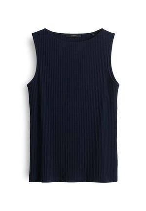 Marineblaue ärmellose Bluse aus geripptem Stoff. Verfügt über einen runden Ausschnitt und eine lockere Passform mit geradem Saum. Keine Verzierungen.