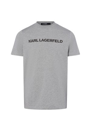 Graues Baumwoll-T-Shirt mit klassischem Rundhalsausschnitt und "KARL LAGERFELD" in fettem Schwarz auf der Vorderseite bedruckt. Einfaches und vielseitiges Design.