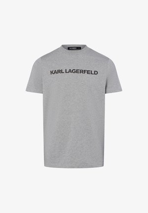 T-shirt en coton gris avec un col rond classique et "KARL LAGERFELD" imprimé en lettres noires audacieuses sur le devant. Conception simple et polyvalente.