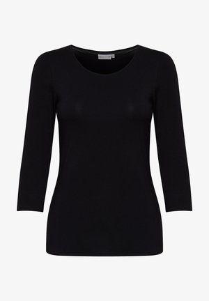 Juodas ilgas rankovės marškinėlis, pagamintas iš minkštos medžiagos, su apvaliu kaklu ir prigludusia forma, turintis lygią tekstūrą ir be matomų raštų.