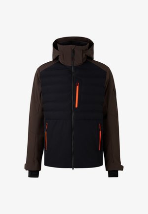 Brown and black jacket with a padded top section, front zipper, and orange zippered pockets. Features a hood and textured fabric.