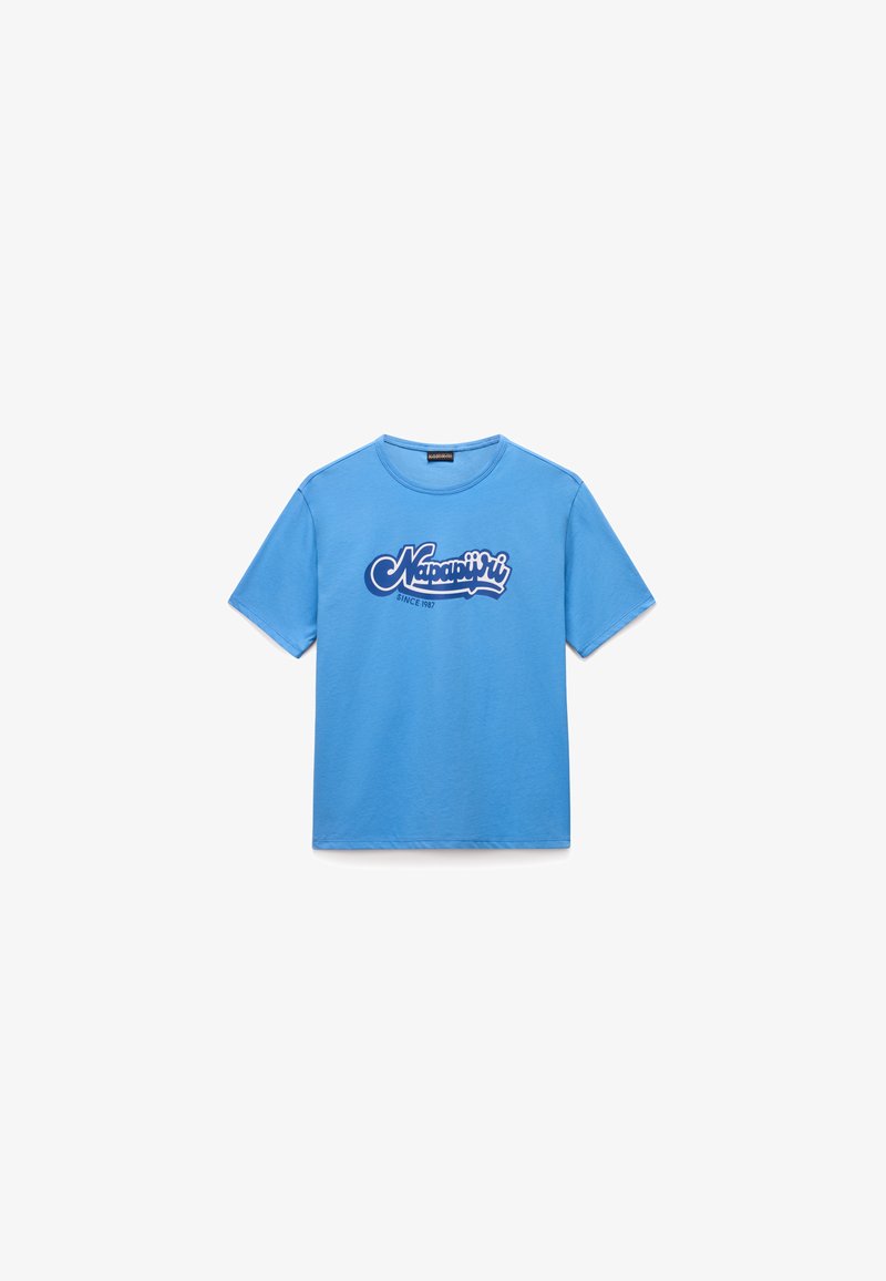 Μπλε κοντομάνικο μπλουζάκι από βαμβάκι με στρογγυλή λαιμόκοψη. Φέρει μεγάλο λευκό γραφικό λογότυπο τυπωμένο στο μπροστινό μέρος.