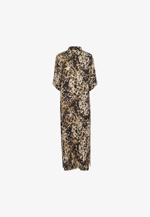 Shirt dress in lightweight fabric with a leopard print pattern featuring shades of brown, black, and cream, short sleeves, and a collar.