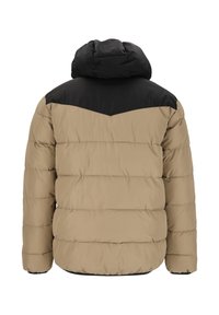 Puffjacka med svart huva och övre del, beige kropp, quiltad textur och elastiska ärmmuddar. Har en chevron-design på baksidan.