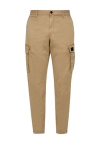 Beige cargobroek met een slim fit, gemaakt van katoen, voorzien van twee zijzakken en een sluiting met een knoop aan de voorkant. Opmerkelijke zijcargo zakdetail.