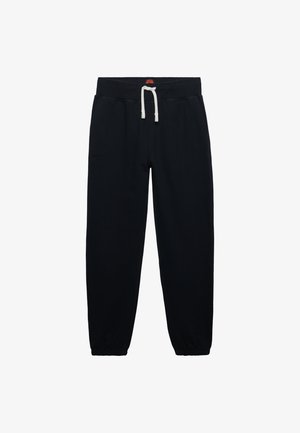 Zwarte joggerbroek met elastische tailleband, witte trekkoord, zijzakken en omgeslagen enkels.