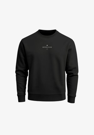 Black sweatshirt made of soft fabric, featuring a round neckline and ribbed cuffs. Central printed text design with the word "NEVERLESS."
