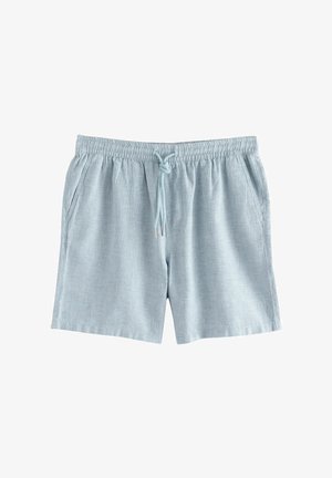 Light blue lounge shorts with an elastic waistband, adjustable drawstring, and side pockets. Made from a textured, breathable fabric.