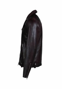 Burgundia värvi nahkjakk külje tõmblukuga, eristuva krae, tõmblukuga taskud ja sile tekstuur. Omab metallist detailidega aksentte.