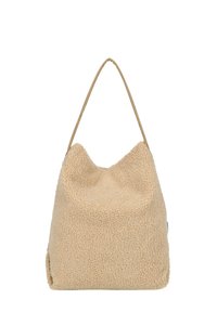 Borsa a mano beige, morbida e fluffy con una superficie testurizzata. Presenta una sola tracolla beige e un design a apertura superiore.