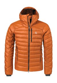 Orangene Daunenjacke mit einer strukturierten Kapuze, Reißverschluss und schwarzen Akzenten. Verfügt über genähte Einsätze und elastische Bündchen für eine optimale Isolierung.