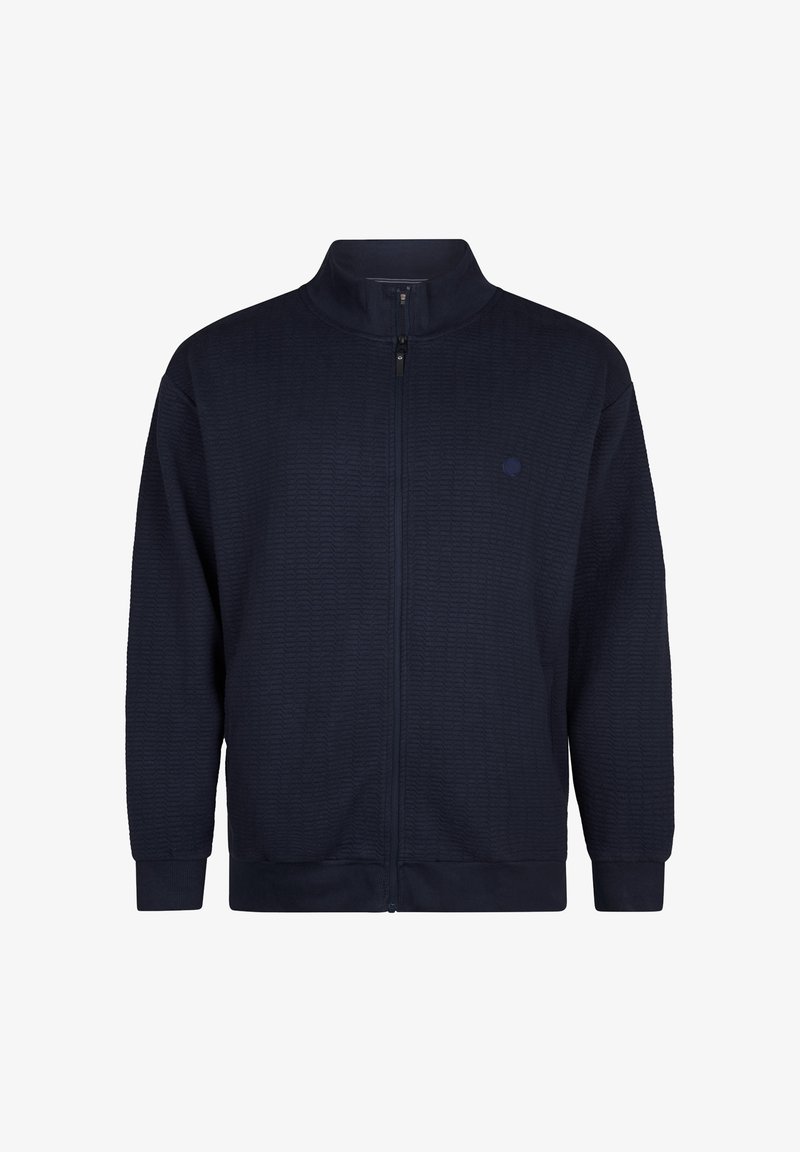 Veste zippée marine en tissu texturé avec un motif de vagues subtil. Col montant et poignets côtelés complètent le design.