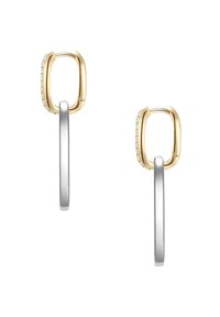 Zelta un sudraba riņķveida auskari, kuros ir taisnstūra formas zelta augšdaļa ar rindas caurspīdīgiem kristāliem un zem tās ir eleganta sudraba garena forma.