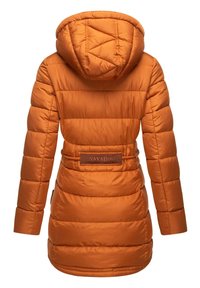 Orange puffer jacket with a hood, featuring horizontal stitching, a belted waist, and a logo patch at the back. Smooth texture.