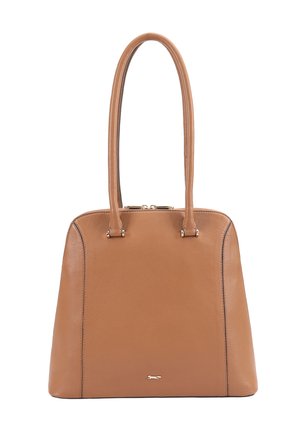 Sac à main en cuir marron avec de longues poignées, fermeture à glissière sur le dessus et petit logo métallique au centre en bas.