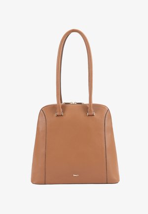Sac à main en cuir marron avec de longues poignées, fermeture à glissière sur le dessus et petit logo métallique au centre en bas.