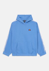 Ljusblå hoodie i bomull, med en framficka, dragsko på huvan och sidostripes med logovarianter.