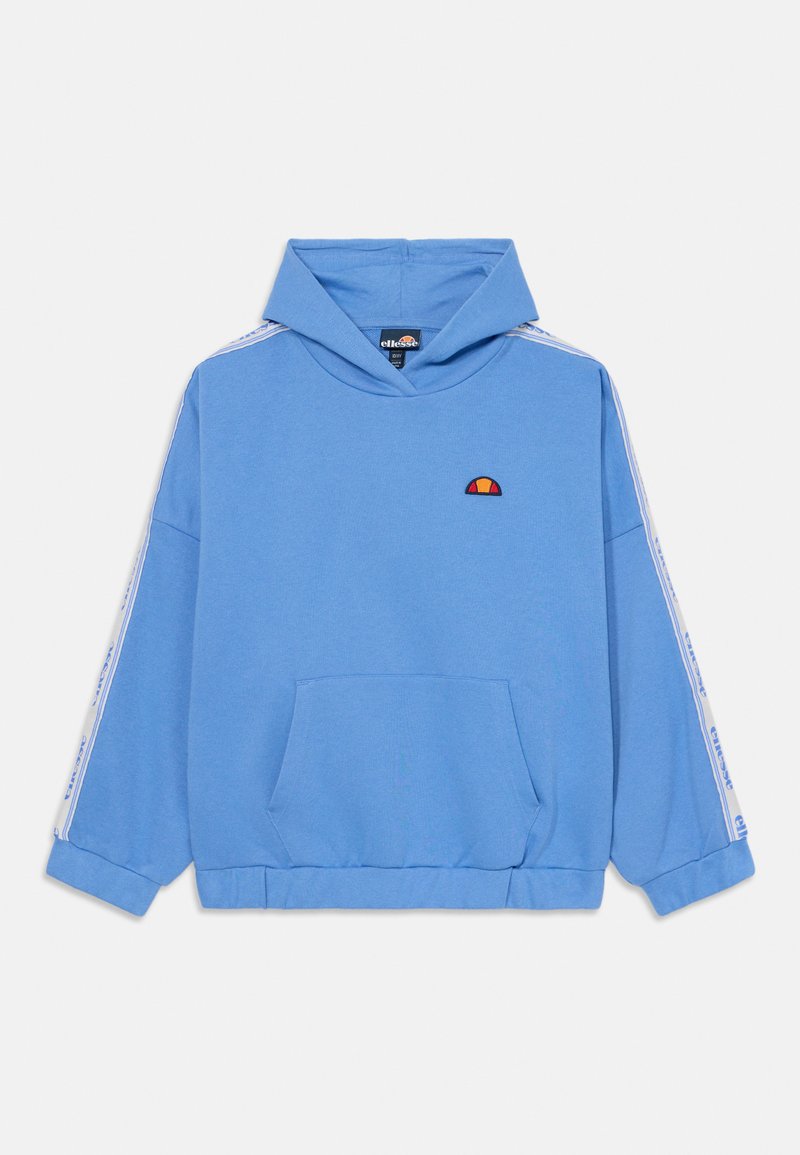 Ljusblå hoodie i bomull, med en framficka, dragsko på huvan och sidostripes med logovarianter.