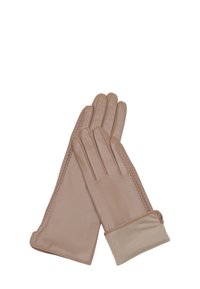 Brązowe rękawiczki skórzane o gładkiej fakturze, z dzianym mankietem i ozdobnym szwem po bokach, zaprojektowane dla komfortu i ciepła.