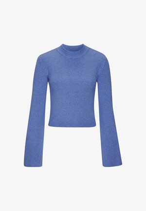 Blue ribbed knit sweater with a high neckline and long flared sleeves. The fabric appears soft with a smooth texture and a fitted silhouette.