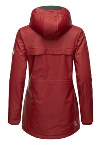 Red waterproof jacket featuring a hood, a back yoke, elastic cuffs, and side pockets. Smooth texture with a logo on the left sleeve.