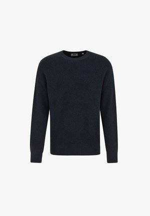 Tumesiniste ribadega kootud kampsun ümmarguse kaelusega, pikkade varrukatega ja sirge äärega. Tekstuur on kootud ja pisut paks.