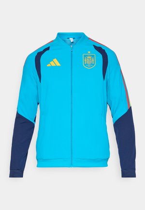 Tirkīza sporta jaka ar tumši zilām piedurknēm, ar dzeltenu rāv�ējslēdzēju un Adidas logotipu. Uz krūtīm redzams Spānijas nacionālais ģerbonis.