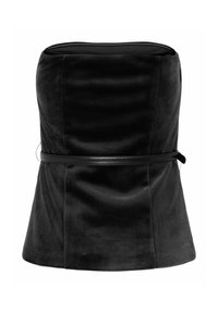 Černý top bez ramínek z měkké, texturované látky s přiléhavým živůtkem a hladkým černým pásem zvýrazňujícím pas.