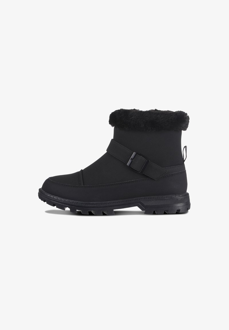 Schwarze Knöchelstiefel aus synthetischem Material mit einem Futtermantel, ausgestattet mit einem Riemen mit Schnalle, strukturiertem Sohlen und einem abgerundeten Zehendesign.