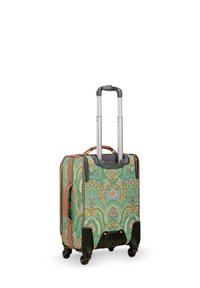 Soft-sided suitcase with a green floral pattern, brown accents, telescopic handle, and four swivel wheels for easy maneuverability.