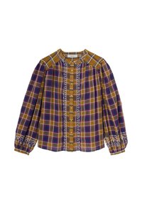 Chemise à manches longues en tartan moutarde, violet et bleu avec une fermeture à boutons, des manches froncées et une broderie blanche décorative le long des coutures.