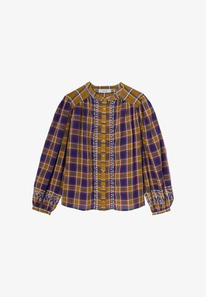 Chemise à manches longues en tartan moutarde, violet et bleu avec une fermeture à boutons, des manches froncées et une broderie blanche décorative le long des coutures.