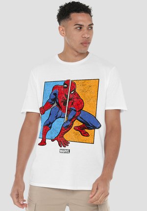 White cotton T-shirt featuring a comic-style Spider-Man graphic in red, blue, and black against blue and orange backgrounds. "MARVEL" logo at the bottom.