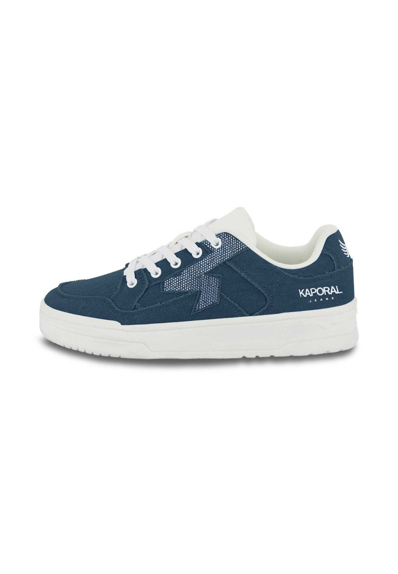 Navy blue sneakers with white accents; made of textured fabric, featuring a prominent zigzag design and cushioned sole for comfort.